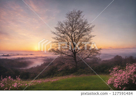 Sakura blossoms in japanese style ornamental garden, beautiful landscape. Generative AI. 127591484