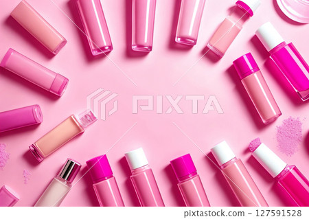 A perfume or a bottle for cosmetics on a pink background. Generative AI. 127591528