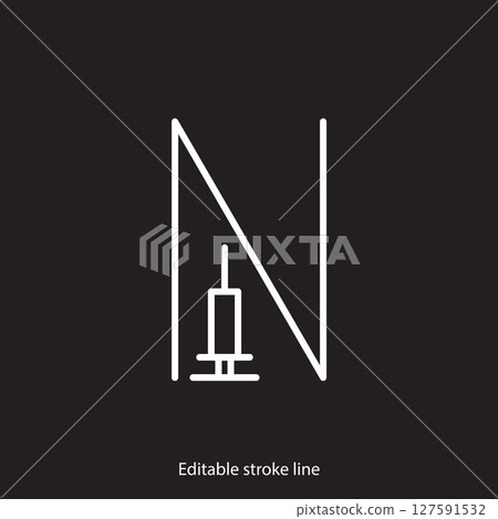 No syringe, hormones, antibiotic, drugs icon. No injection symbol. Vector stock illustration isolated on black background for design template medical, pharmacy, hospital. Editable stroke line 127591532