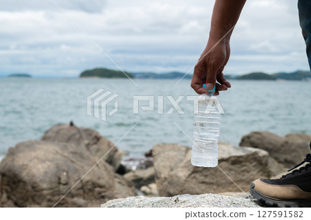 Person holding a bottle of water Person holding a bottle of water 127591582