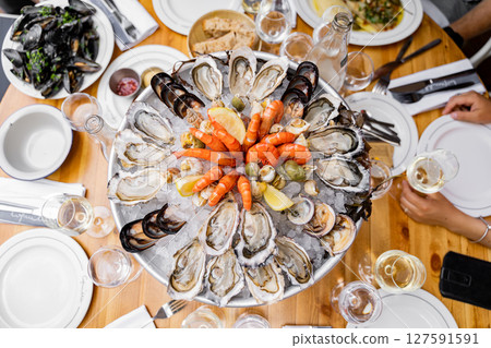 A Seafood Platter with Oysters, Shrimp, and Mussels 127591591