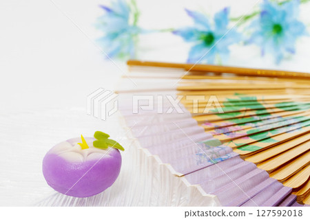 Morning glory confectionery and folding fan background 127592018