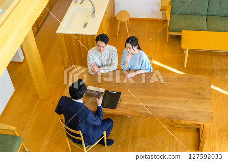 Aerial view of an office worker explaining something to a couple using a computer Aerial view of an office worker explaining something to a couple using a computer 127592033