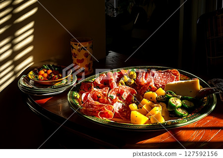 Sunlit Italian Antipasto Platter A Culinary Delight. Sunlit Italian Antipasto Platter A Culinary Delight. 127592156