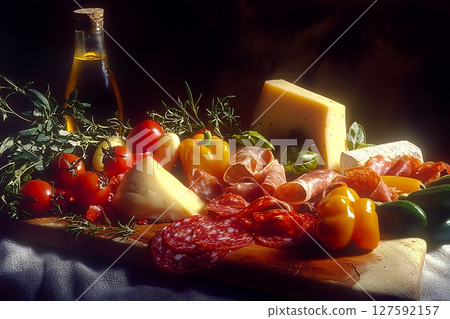 Still Life of Italian Cheese, Salami, and Fresh Produce. A vibrant culinary composition featuring assorted cured meats, cheeses, and ripe vegetables. 127592157