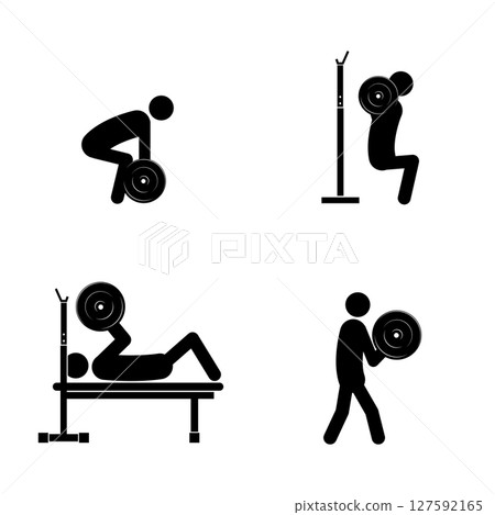 Stick figures, black man silhouette with weight benches, flat vector illustration. 127592165