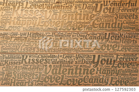 Romantic Word Collage Displaying Love, Valentines, and Happiness on Earth Tone Background 127592303