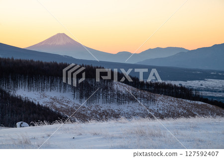 Mount Fuji at sunrise as seen from the Venus Line 127592407