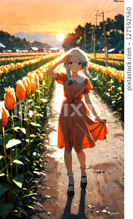 Flower field lit by the setting sun 127592560