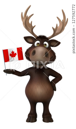 Cute cartoon moose character proudly holding Canadian flag. Happy mascot representing Canada. Fun illustration for national holidays. 127592772