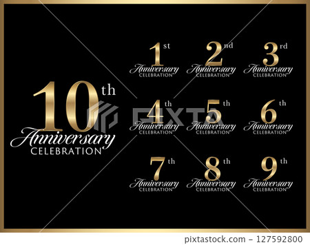 Gold banner set with anniversary numbers and logo design for anniversary celebration Gold banner set with anniversary numbers and logo design for anniversary celebration 127592800