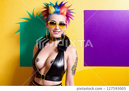 Portrait of a sexy woman with colorful mohawk hair and sunglasses on a abstract painted background, summer vibrancy. Generative AI. 127593005