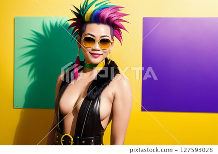 Portrait of an young asian woman with colorful mohawk hair and sunglasses on abstract painted background, summer vibrancy. Generative AI. 127593028