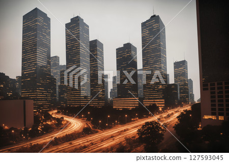 Aerial view of modern city at sunset, skyscrapers and street lights. Generative AI. 127593045