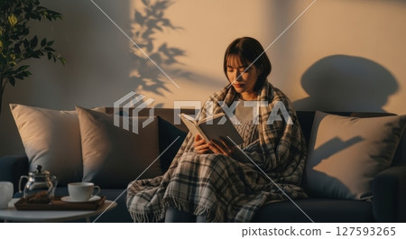 日落時分，一位裹著毯子的女子正在讀書 127593265