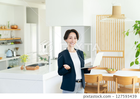 一位中年女商人介紹樣品房 127593439