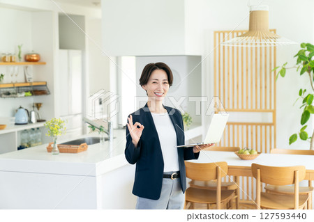 A middle-aged businesswoman introducing a model house A middle-aged businesswoman introducing a model house 127593440