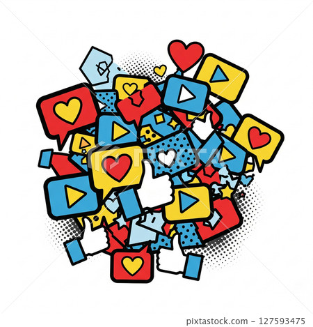 Pop art likes, hearts, and play buttons symbolize short videos and social media engagement. 127593475