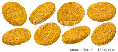 Chicken burger patty isolated on white background with clipping path 127593539