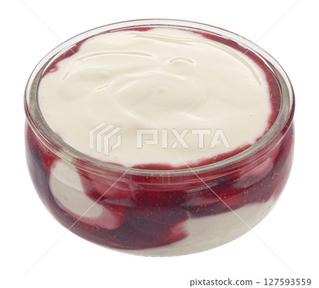 Yogurt with berry jam isolated on white background with clipping path 127593559