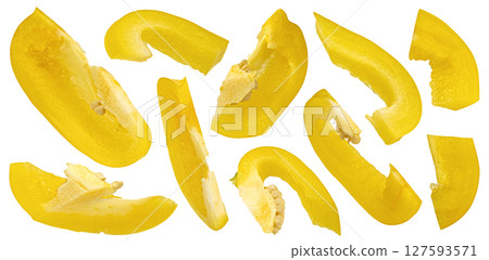 Yellow bell pepper slices isolated on white background with clipping path, full depth of field 127593571