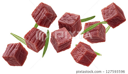 Raw beef cubes with rosemary isolated on white background with clipping path Raw beef cubes with rosemary isolated on white background with clipping path 127593596