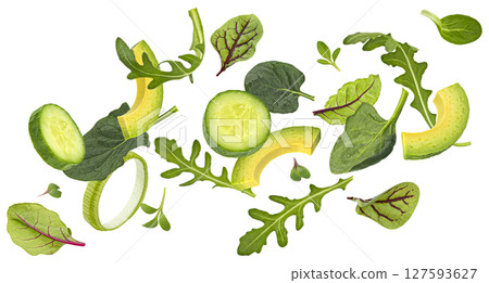 Vegetable salad leaves mix isolated on white background with clipping path 127593627