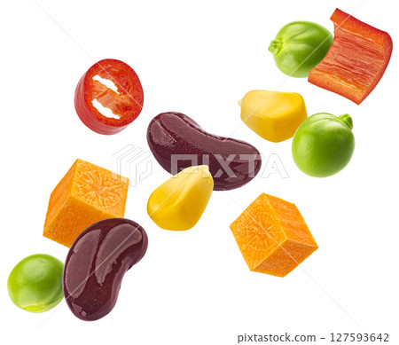 Mexican salad ingredients isolated on white background, corn, red beans, green peas and chili pepper slices mix Mexican salad ingredients isolated on white background, corn, red beans, green peas and chili pepper slices mix 127593642