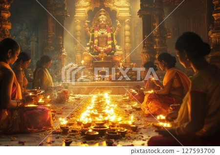 People celebrating the festival with joyful dance and heartfelt prayers to the divine, surrounded by vibrant colors and cultural rhythms 127593700