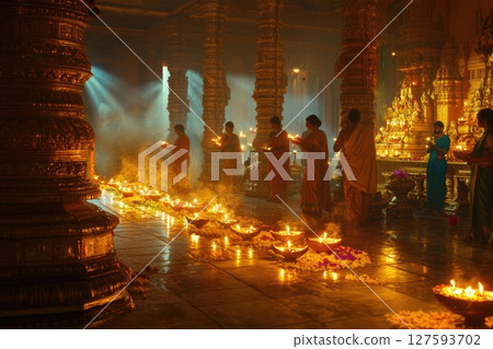 People celebrating the festival with joyful dance and heartfelt prayers to the divine, surrounded by vibrant colors and cultural rhythms 127593702