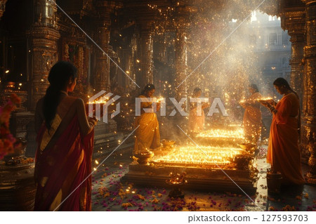 People celebrating the festival with joyful dance and heartfelt prayers to the divine, surrounded by vibrant colors and cultural rhythms 127593703