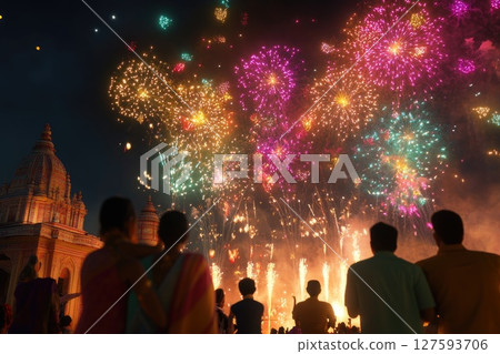 People celebrating the festival with joyful dance and heartfelt prayers to the divine, surrounded by vibrant colors and cultural rhythms 127593706