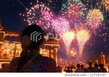 People celebrating the festival with joyful dance and heartfelt prayers to the divine, surrounded by vibrant colors and cultural rhythms 127593707