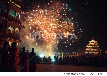 People celebrating the festival with joyful dance and heartfelt prayers to the divine, surrounded by vibrant colors and cultural rhythms 127593708