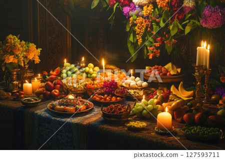 People celebrating the festival with joyful dance and heartfelt prayers to the divine, surrounded by vibrant colors and cultural rhythms 127593711