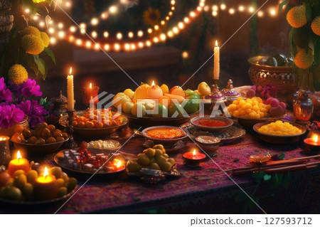 People celebrating the festival with joyful dance and heartfelt prayers to the divine, surrounded by vibrant colors and cultural rhythms 127593712