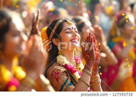 People celebrating the festival with joyful dance and heartfelt prayers to the divine, surrounded by vibrant colors and cultural rhythms 127593716