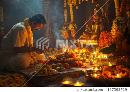 People celebrating the festival with joyful dance and heartfelt prayers to the divine, surrounded by vibrant colors and cultural rhythms 127593719