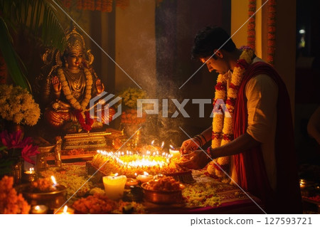 People celebrating the festival with joyful dance and heartfelt prayers to the divine, surrounded by vibrant colors and cultural rhythms 127593721