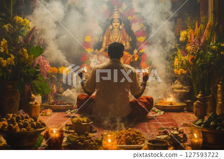 People celebrating the festival with joyful dance and heartfelt prayers to the divine, surrounded by vibrant colors and cultural rhythms 127593722