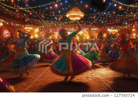 People celebrating the festival with joyful dance and heartfelt prayers to the divine, surrounded by vibrant colors and cultural rhythms 127593724