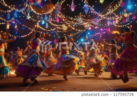 People celebrating the festival with joyful dance and heartfelt prayers to the divine, surrounded by vibrant colors and cultural rhythms 127593726