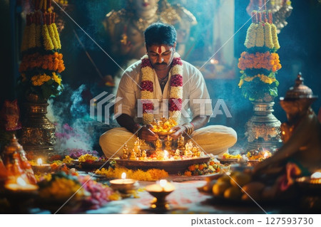 People celebrating the festival with joyful dance and heartfelt prayers to the divine, surrounded by vibrant colors and cultural rhythms 127593730