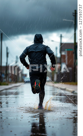 Runner Splashes Through Puddles on a Rainy Day in an Urban Setting During Late Afternoon Hours 127593737