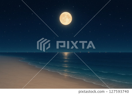 Full moon night sky and fishing lights visible in the distance 127593740
