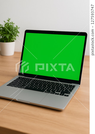 筆記型電腦螢幕上顯示的具有綠色色度鍵背景的模型材料（在室內的桌子上） 127593747