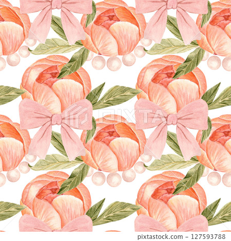 Pink bows, peonies, green leaves, and pearls seamless watercolor pattern on white background . Hand-painted in soft tones. Perfect for textiles, packaging, wallpapers, stationery, weddings, and Pink bows, peonies, green leaves, and pearls seamless watercolor pattern on white background . Hand-painted in soft tones. Perfect for textiles, packaging, wallpapers, stationery, weddings, and 127593788
