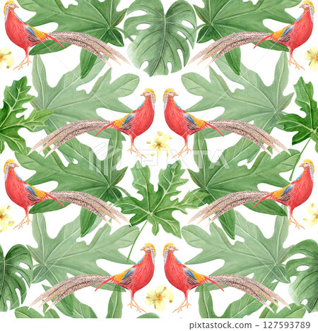 Golden pheasant and tropical leaves watercolor seamless pattern isolated on white. Hand drawn clipart perfect for cards, posters, stickers, book design, decor. Exotic tropical vibrant China bird 127593789