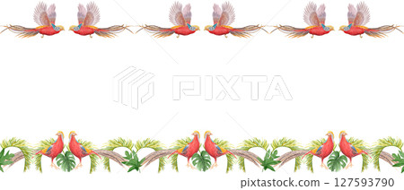 Flying tropical birds with long tails palm leaves watercolor seamless border isolated on white. Hand-painted perfect for wedding stationery, fabric prints, summer projects. Golden pheasant. Horizontal 127593790