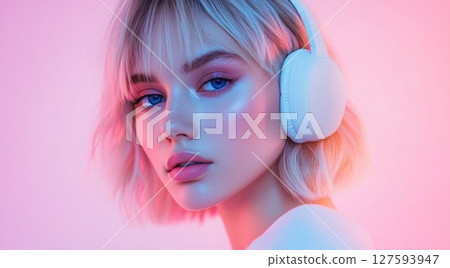 Woman wear headphone while reading leaning on sofa. 127593947